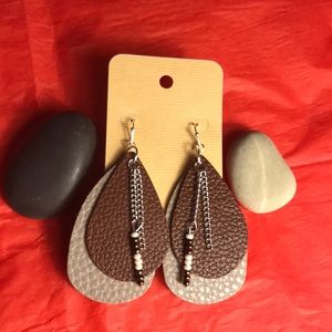 Lightweight leather earrings, Brown and silver, beaded